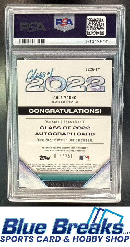 2022 Bowman Draft Cole Young #C22A-CY Class of Auto 008/250 PSA 10 Seattle Mariners