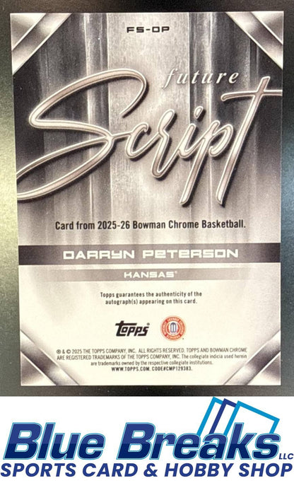 2025-26 Bowman Future Script Darryn Peterson [RC] #FS-DP Auto Kansas Jayhawks