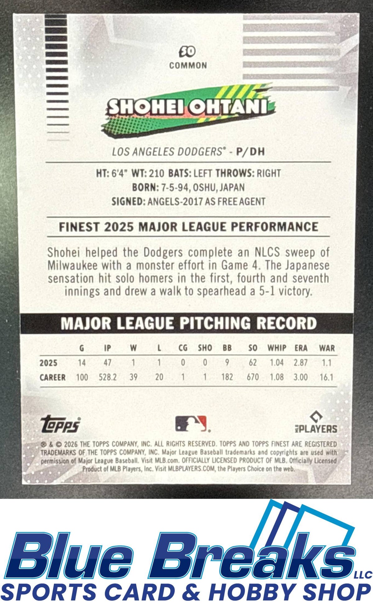2026 Topps Finest Common Shohei Ohtani #50 Los Angeles Dodgers