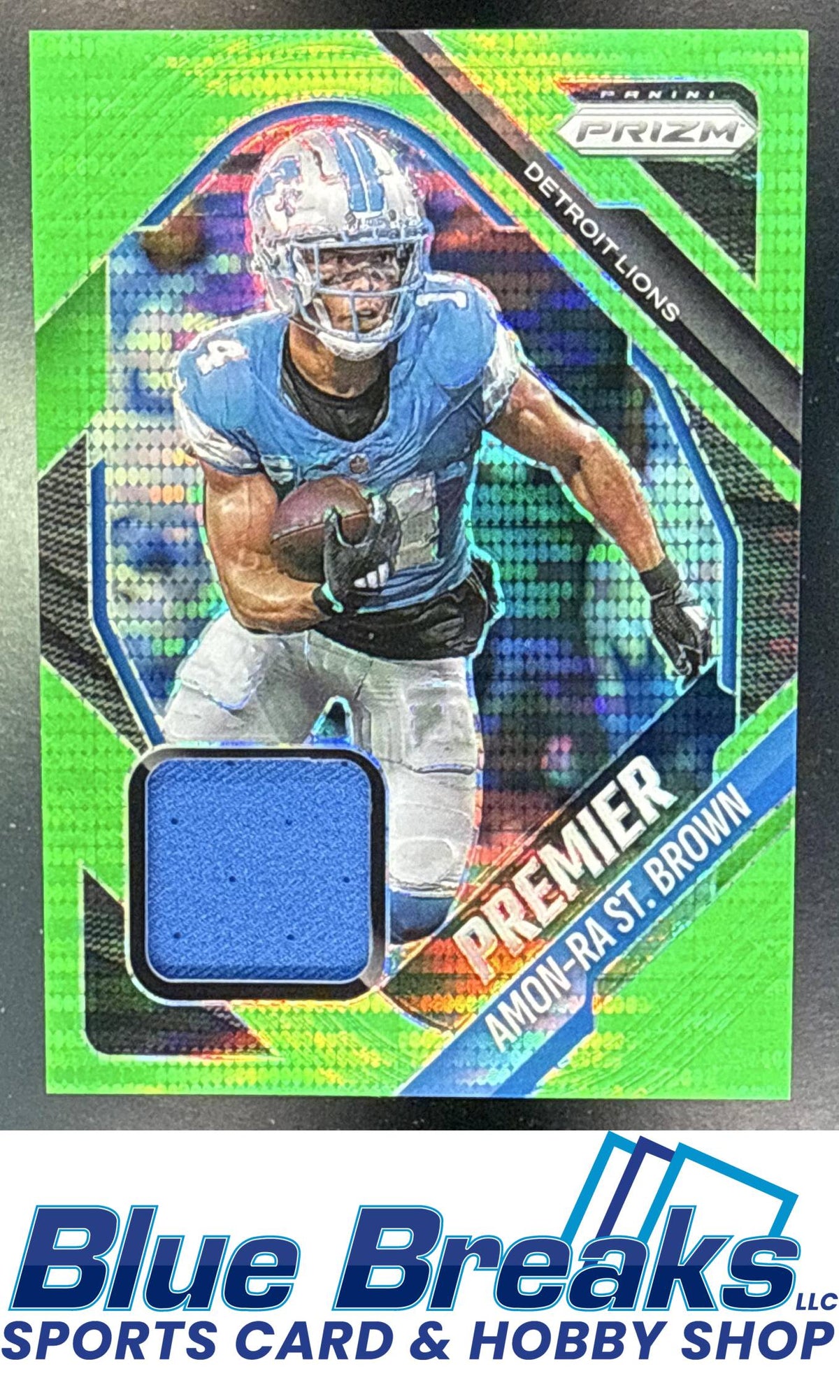 2025 Panini Prizm Amon-Ra St. Brown #PJY-ASB Premier Jerseys Neon Green Pulsar Detroit Lions