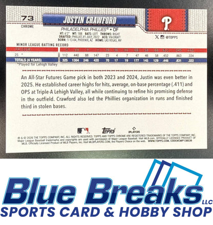 2026 Topps Chrome Justin Crawford #73 Gold X-Fractor 19/50 RC Philadelphia Phillies