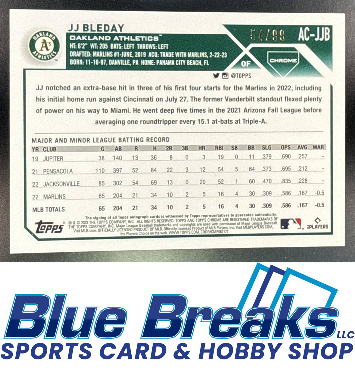 2023 Topps Chrome Update JJ Bleday #AC-JJB Auto Green Refractor 54/99 RC Oakland Athletics