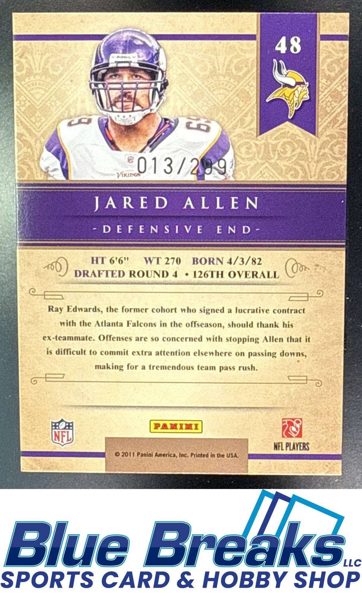 2011 Panini Gold Standard Jared Allen 013/299 #48 Minnesota Vikings