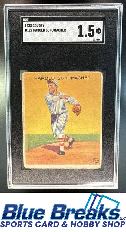 1933 Goudey R319 Hal Schumacher Rookie #129 RC SGC 1.5 New York Giants / San Francisco Giants