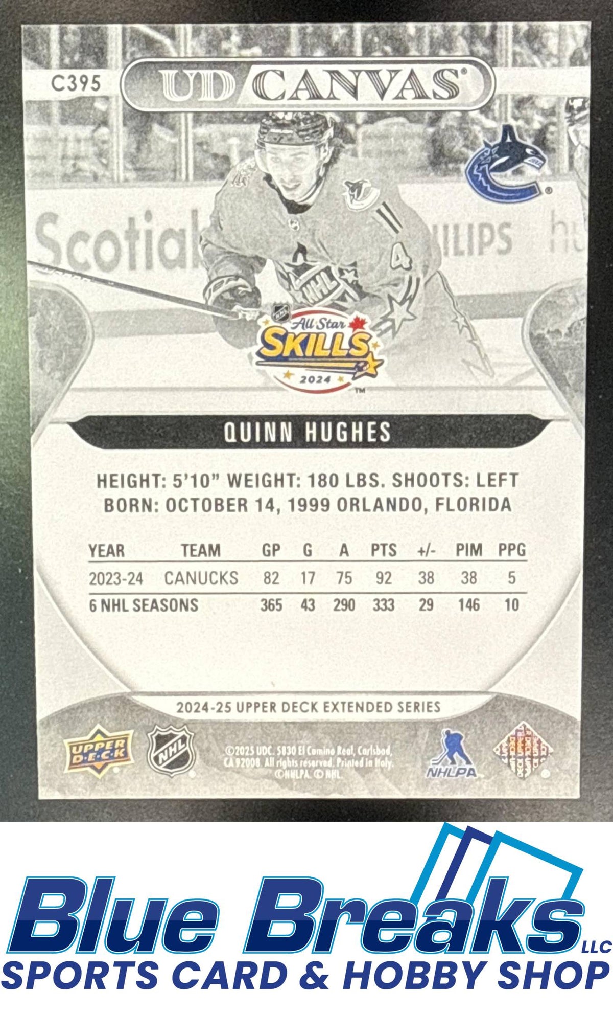2024 Upper Deck Extended Series Quinn Hughes #C395 UD Canvas Black & White All-Star Vancouver Canucks