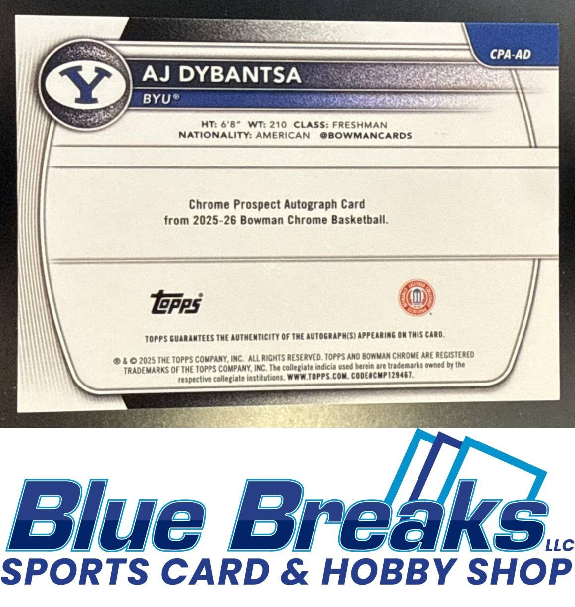2025 Bowman AJ Dybantsa #CPA-AD Chrome Auto Purple Refractor 123/250 1st Prospect BYU Cougars