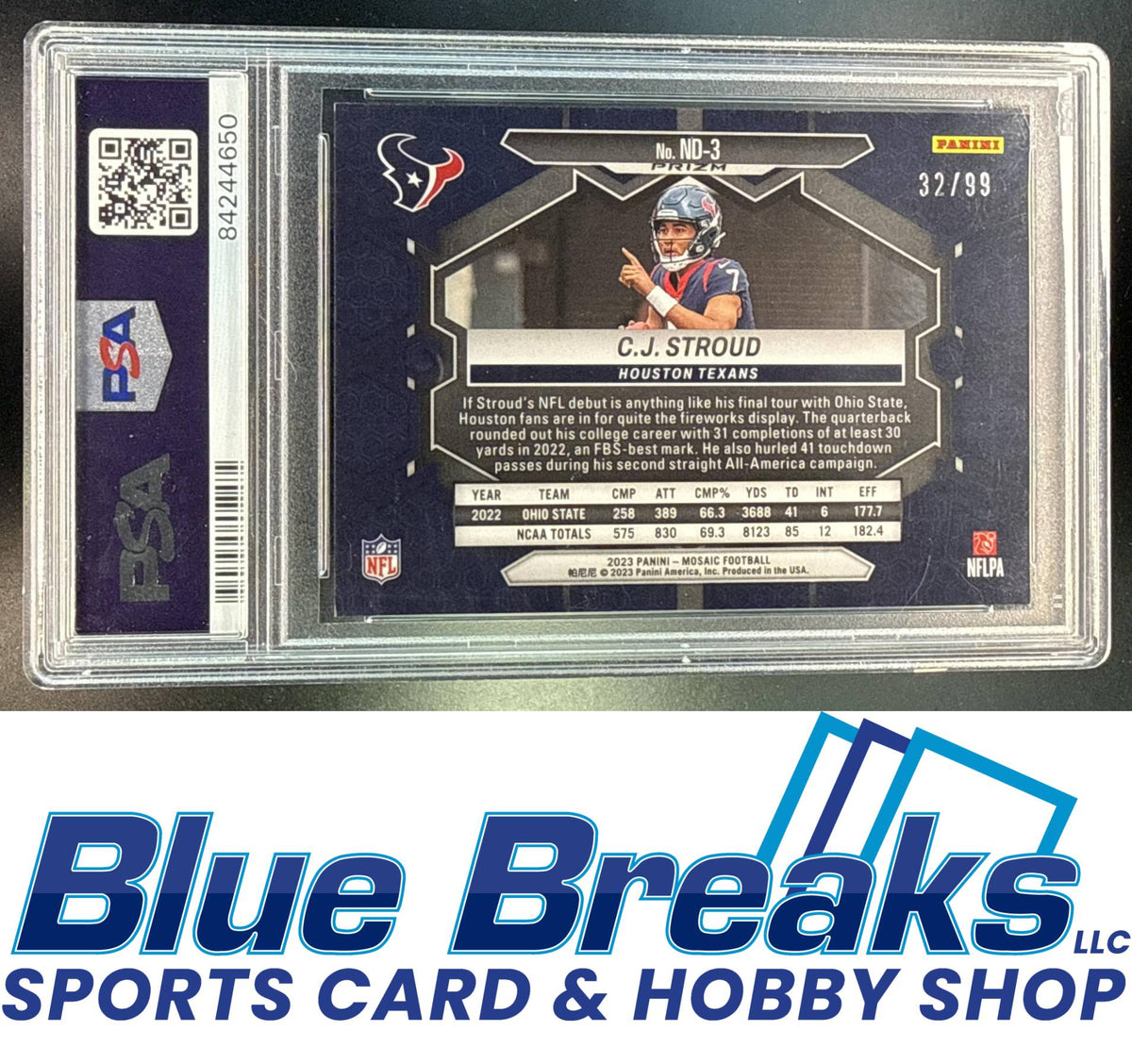 2023 Panini Mosaic C.J. Stroud #ND-3 Blue Mosaic Prizm 32/99 RC NFL Debut PSA 9 Houston Texans