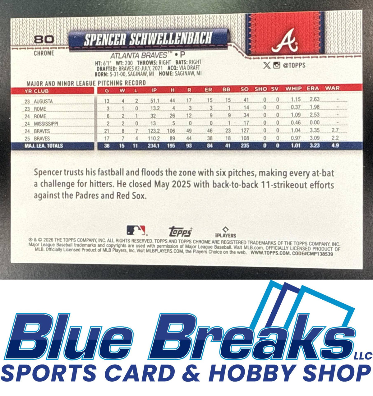 2026 Topps Chrome LogoFractor Spencer Schwellenbach #80 Green Refractor 95/99 Atlanta Braves