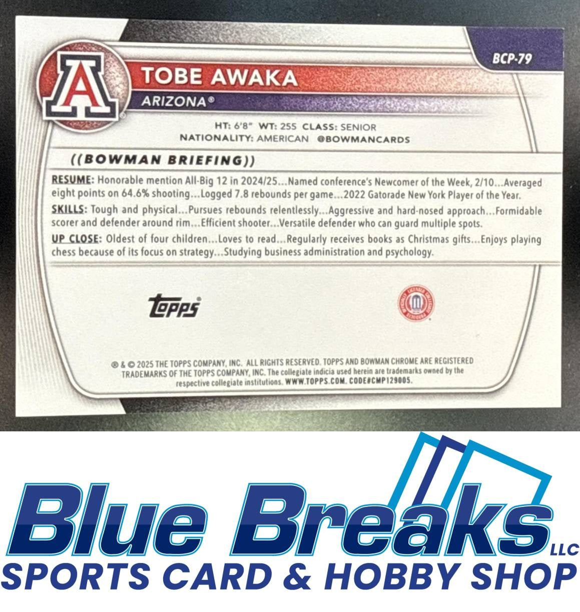 2025 Bowman Tobe Awaka #BCP-79 Chrome Black Geometric Refractor 03/10 1st Prospect Arizona Wildcats