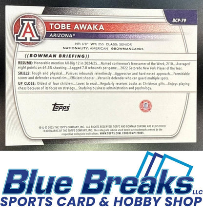 2025 Bowman Tobe Awaka #BCP-79 Chrome Black Geometric Refractor 03/10 1st Prospect Arizona Wildcats