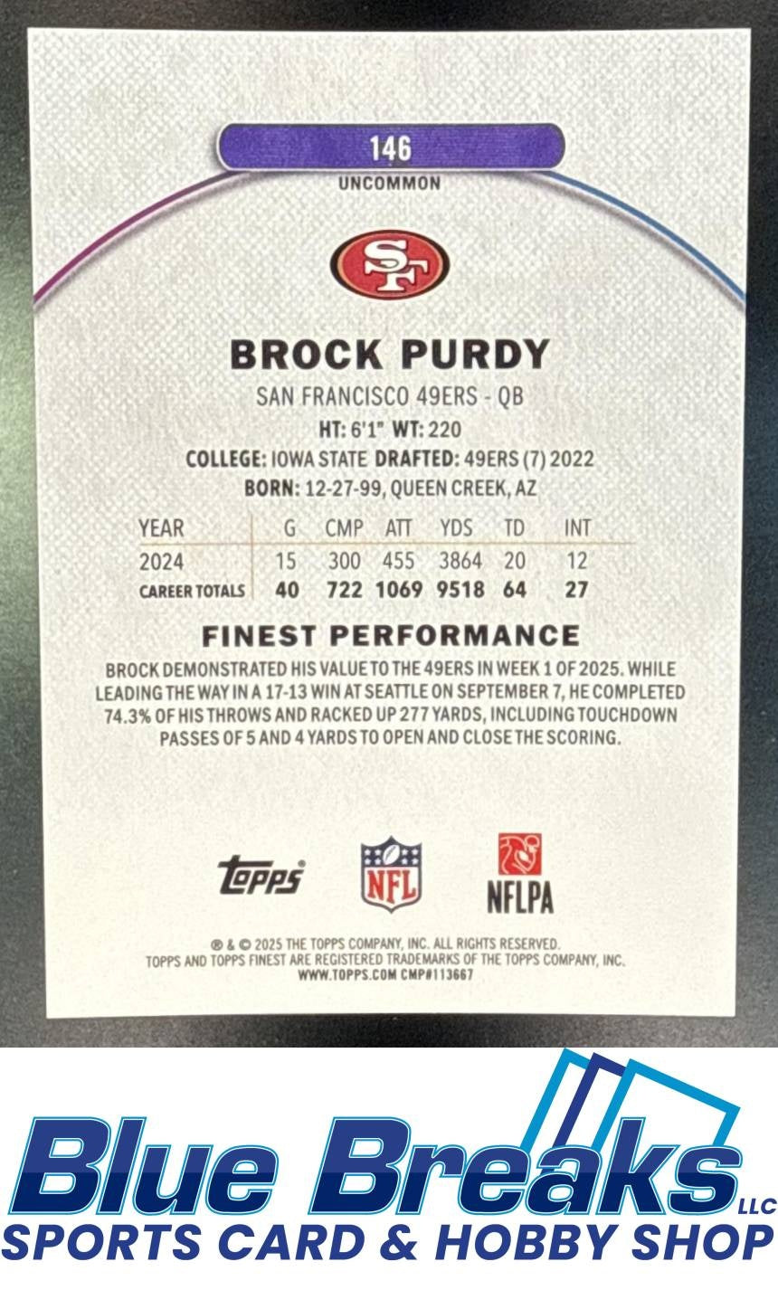 2025 Topps Finest Brock Purdy #146 Uncommon Green Geometric Refractor 20/35 San Francisco 49ers