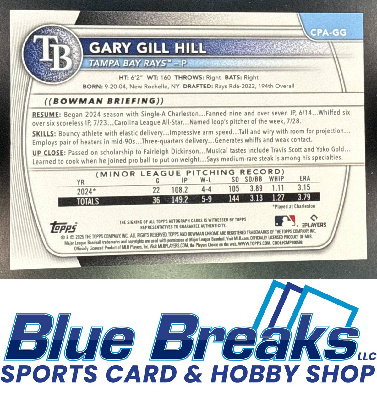 2025 Bowman Chrome Auto Gary Gill Hill [RC] #CPA-GG 1st Prospect Tampa Bay Rays
