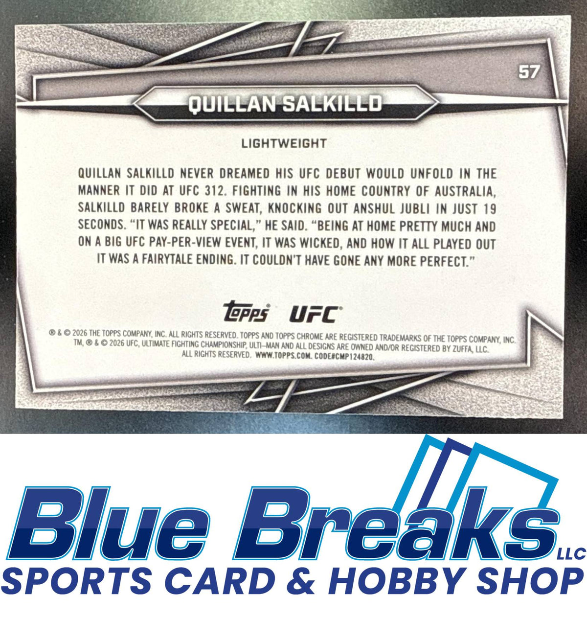 2026 Topps Chrome Sapphire UFC Quillan Salkilld #57k RC