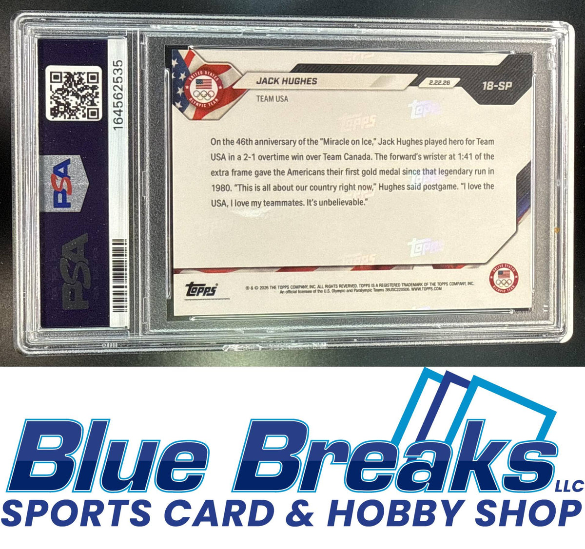 2026 Topps Now Olympic Games Jack Hughes #18SP VAR PSA 10 USA Vancouver Canucks
