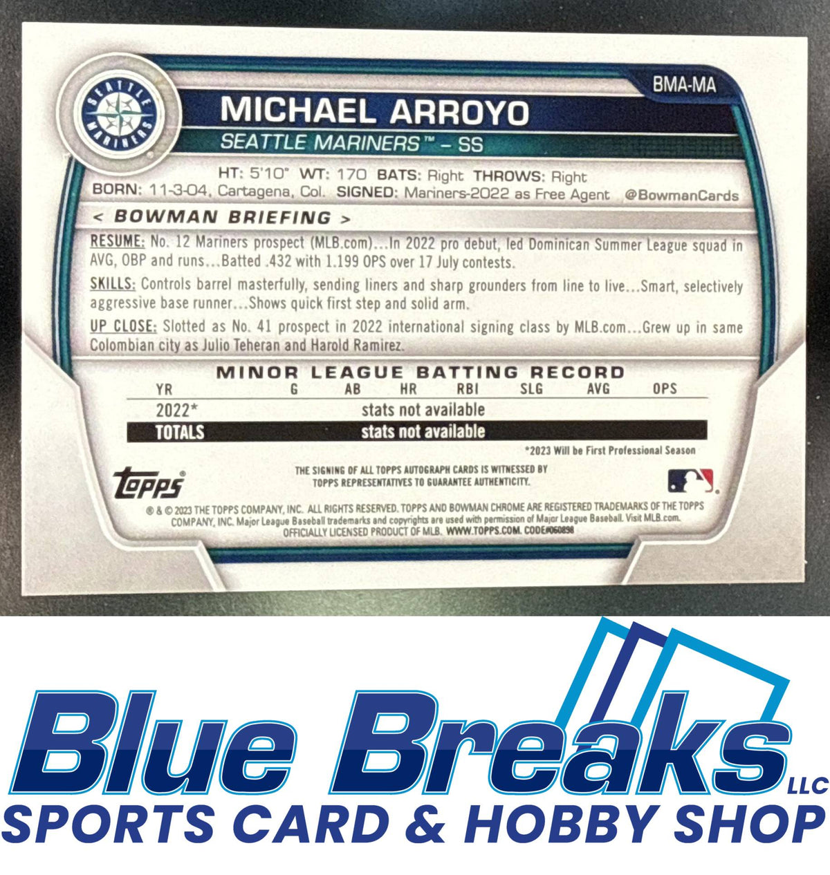 2023 Bowman Mega Box Michael Arroyo #BMA-MA Chrome Prospects Auto Green Mojo Refractor 43/99 Seattle Mariners