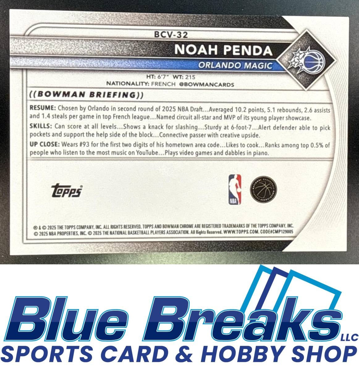 2025 Bowman Noah Penda #BCV-32 Chrome Orange Geometric Refractor 02/25 RC Orlando Magic