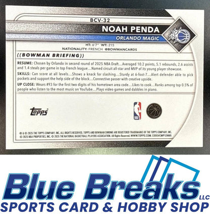 2025 Bowman Noah Penda #BCV-32 Chrome Orange Geometric Refractor 02/25 RC Orlando Magic