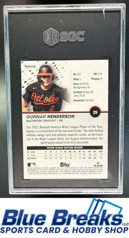 2023 Topps Pristine Gunnar Henderson #29 Refractor RC SGC 9.5 Baltimore Orioles