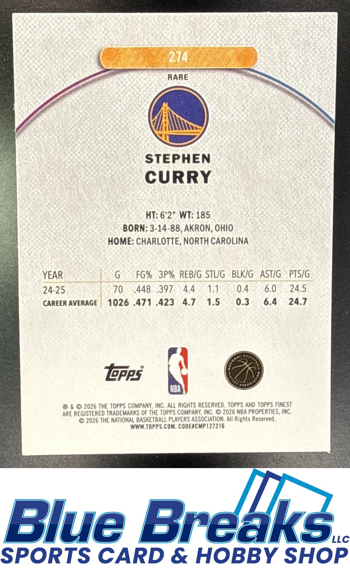 2025 Topps Finest Stephen Curry #274 Rare Blue Refractor 12/99 Golden State Warriors