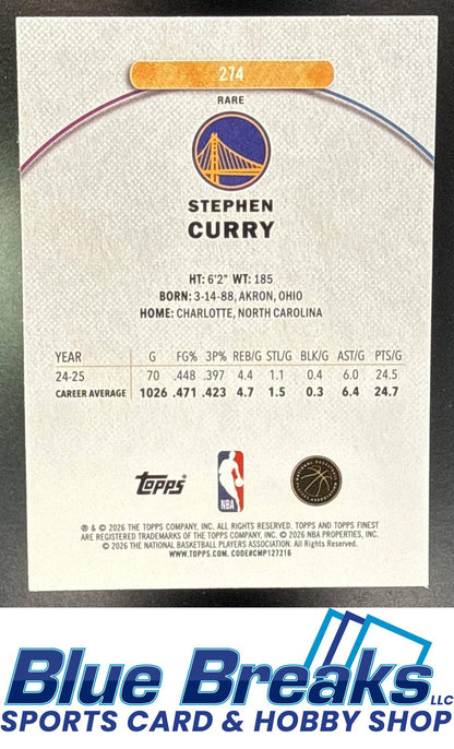 2025 Topps Finest Stephen Curry #274 Rare Blue Refractor 12/99 Golden State Warriors