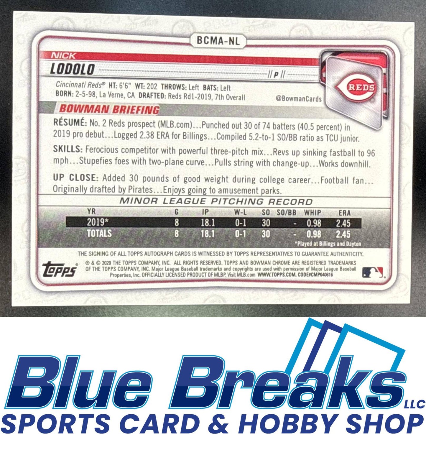 2020 Bowman Chrome Nick Lodolo #BCMA-NL Prospect Auto Mojo Refractor Cincinnati Reds