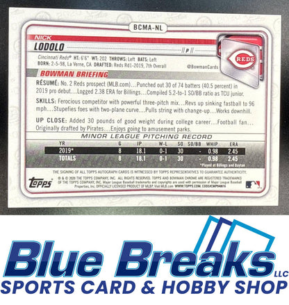 2020 Bowman Chrome Nick Lodolo #BCMA-NL Prospect Auto Mojo Refractor Cincinnati Reds