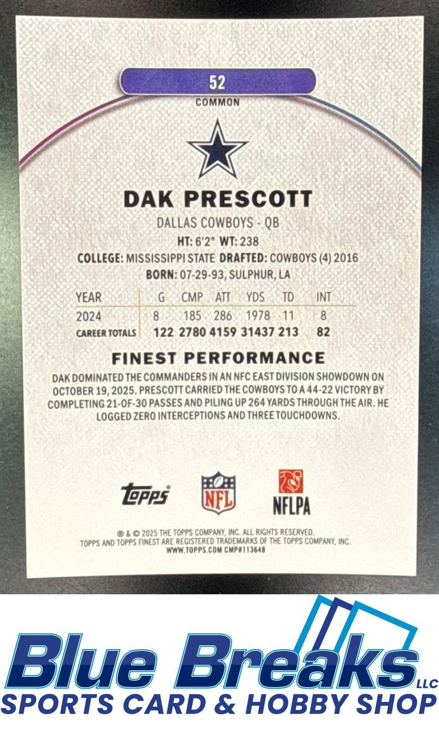 2025 Topps Finest Dak Prescott #52 Orange Geometric Refractor 07/25 Dallas Cowboys