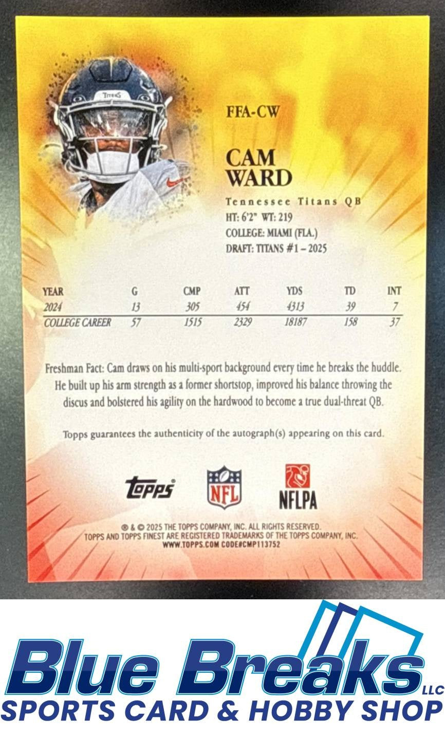 2025 Topps Finest Cam Ward #FFA-CW Freshman Auto Blue Geometric Refractor 63/99 RC Tennessee Titans