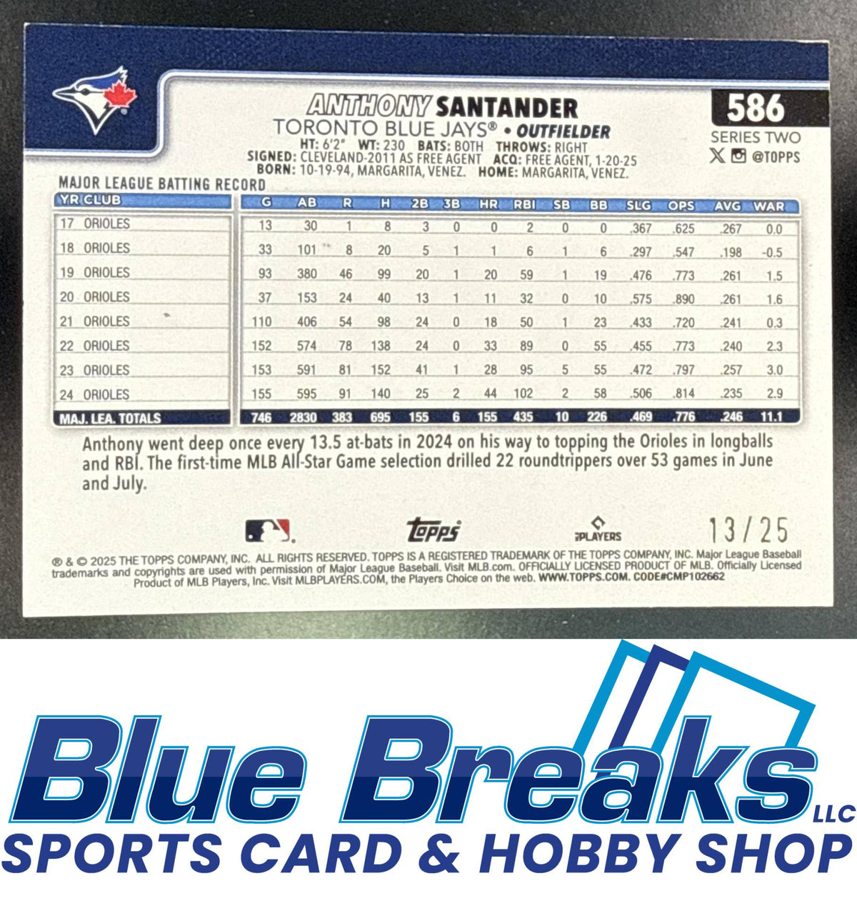 2025 Topps Series Two Wood Anthony Santander 13/25 #586 Toronto Blue Jays