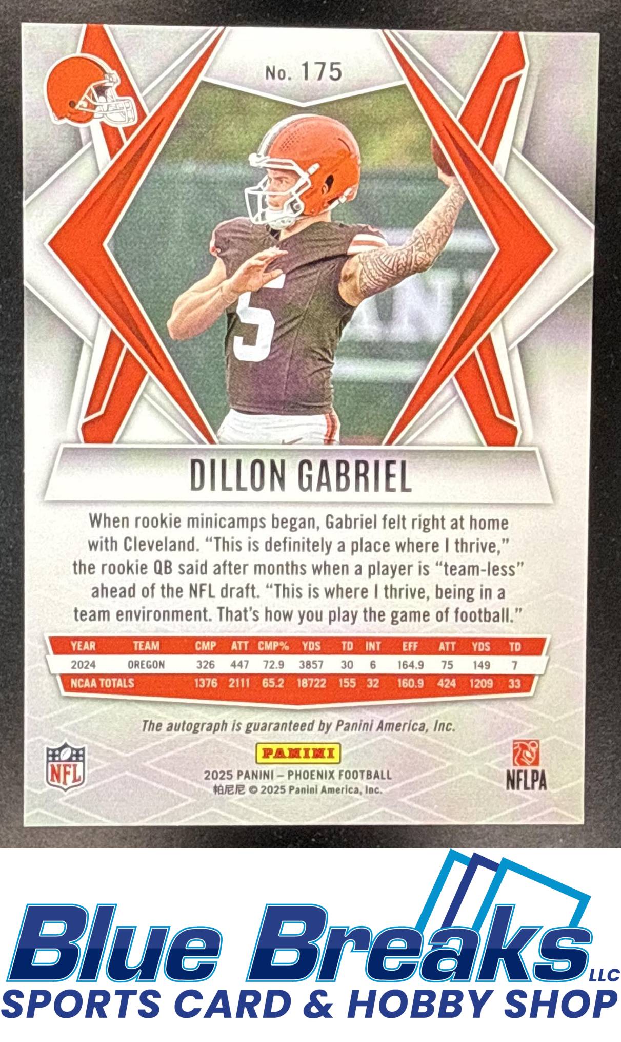2025 Panini Phoenix Dillon Gabriel #175 Rookies Auto Silver Pandora Prizm RC Cleveland Browns