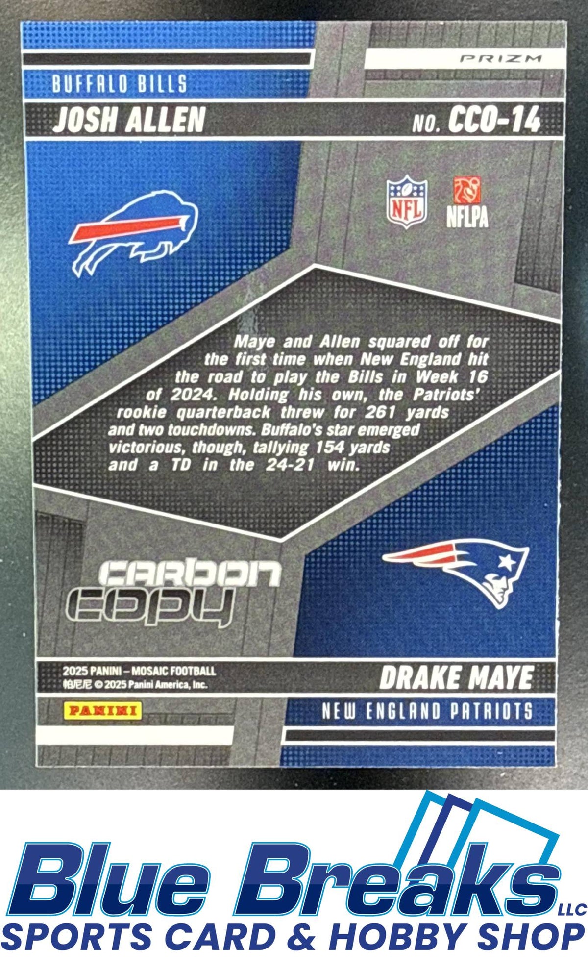2025 Panini Mosaic Drake Maye Josh Allen #CCO-14 Carbon Copy No Huddle Silver Prizm Buffalo Bills New England Patriots