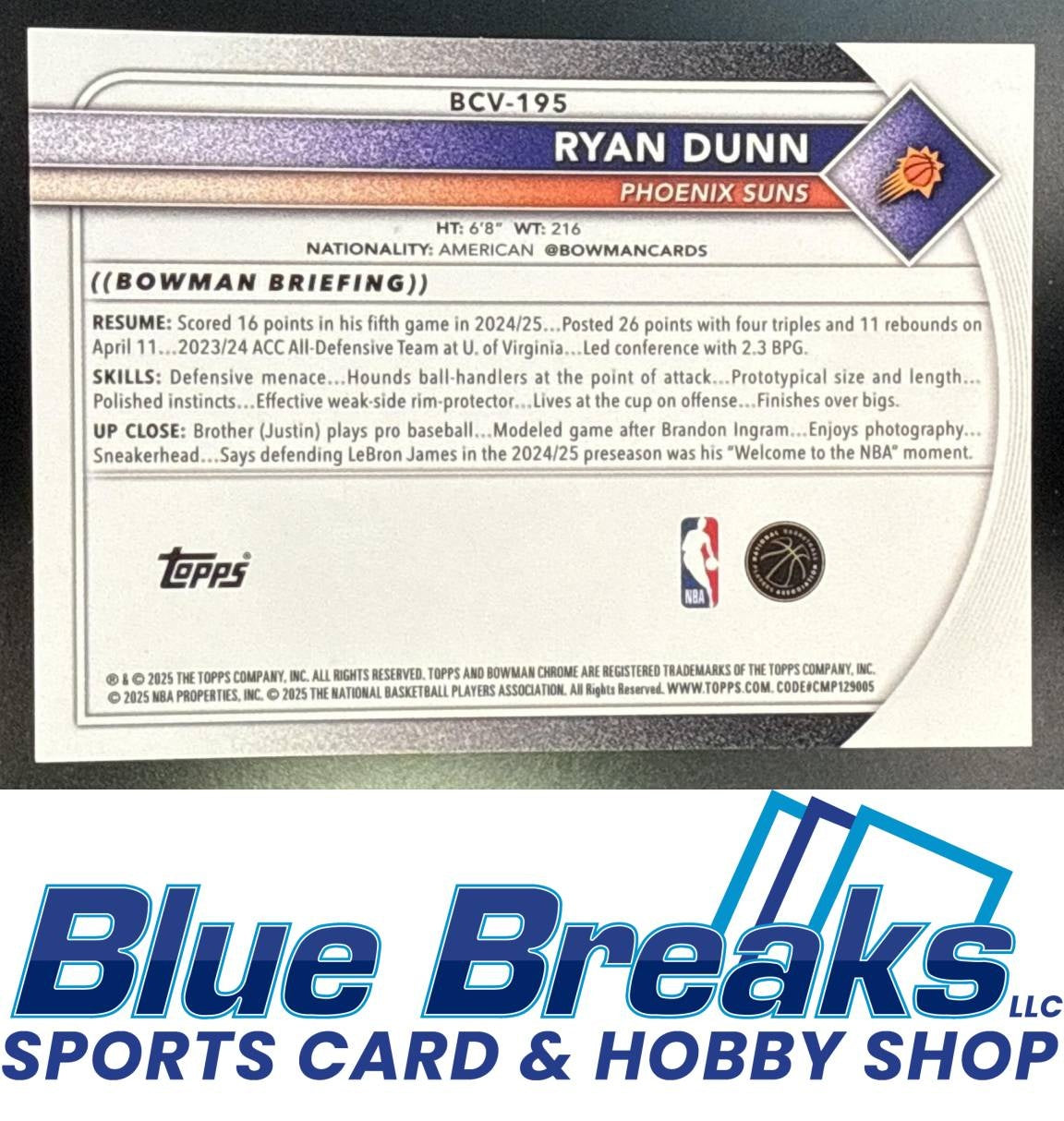 2025 Bowman Ryan Dunn #BCV-195 Chrome Black Geometric Refractor 03/10 Phoenix Suns