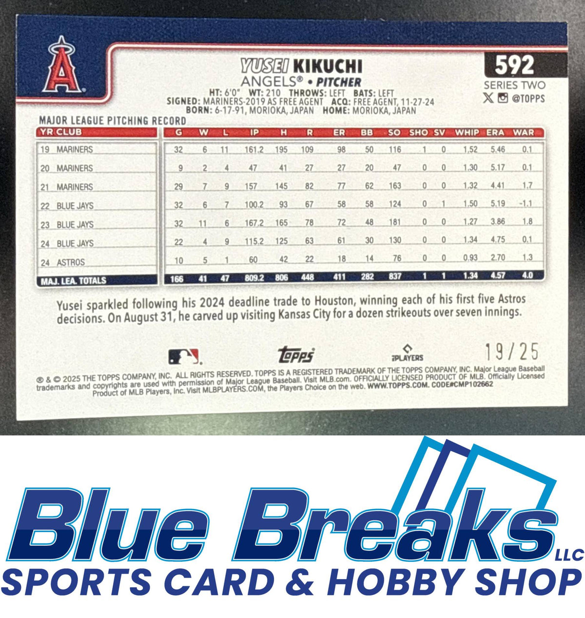 2025 Topps Series Two Wood Yusei Kikuchi 19/25 #592 Los Angeles Angels