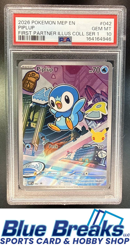 2026 Pokemon MEP Black Star Promos Piplup #042 First Partner Illustration Collection Series 1 PSA 10