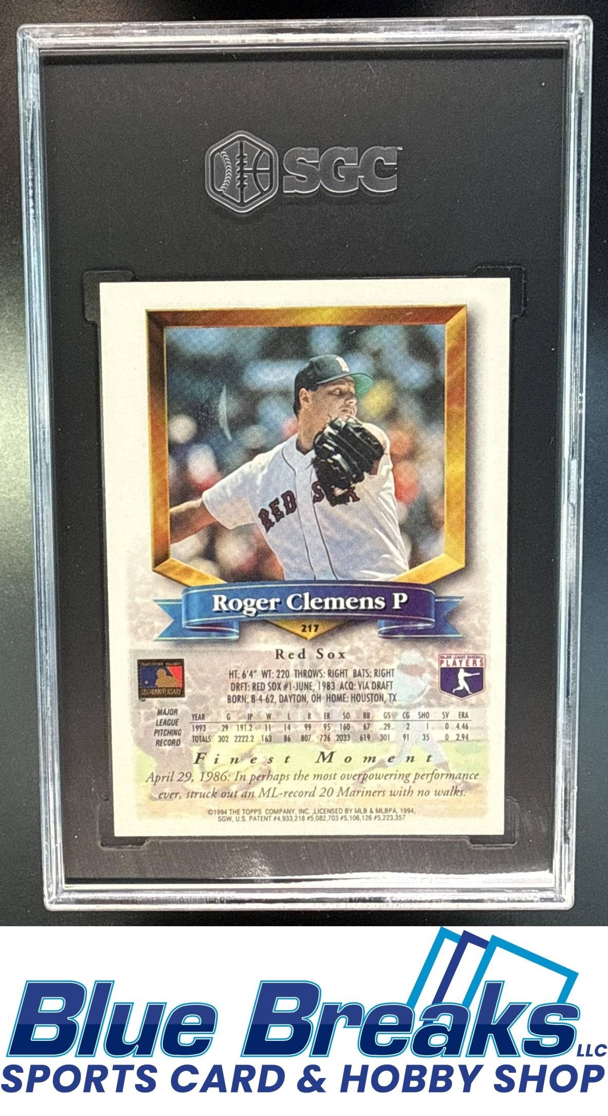 1994 Topps Finest Roger Clemens [RC] #217 SGC 7 Boston Red Sox