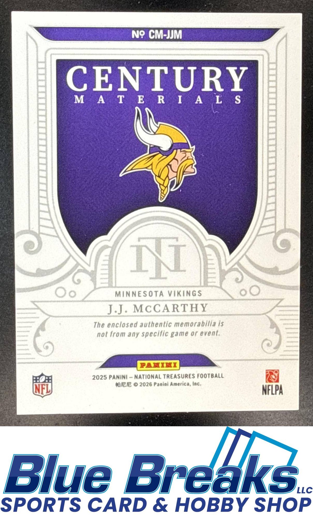 2025 Panini National Treasures J.J. McCarthy #CM-JJM Century Materials 55/99 Relic Minnesota Vikings