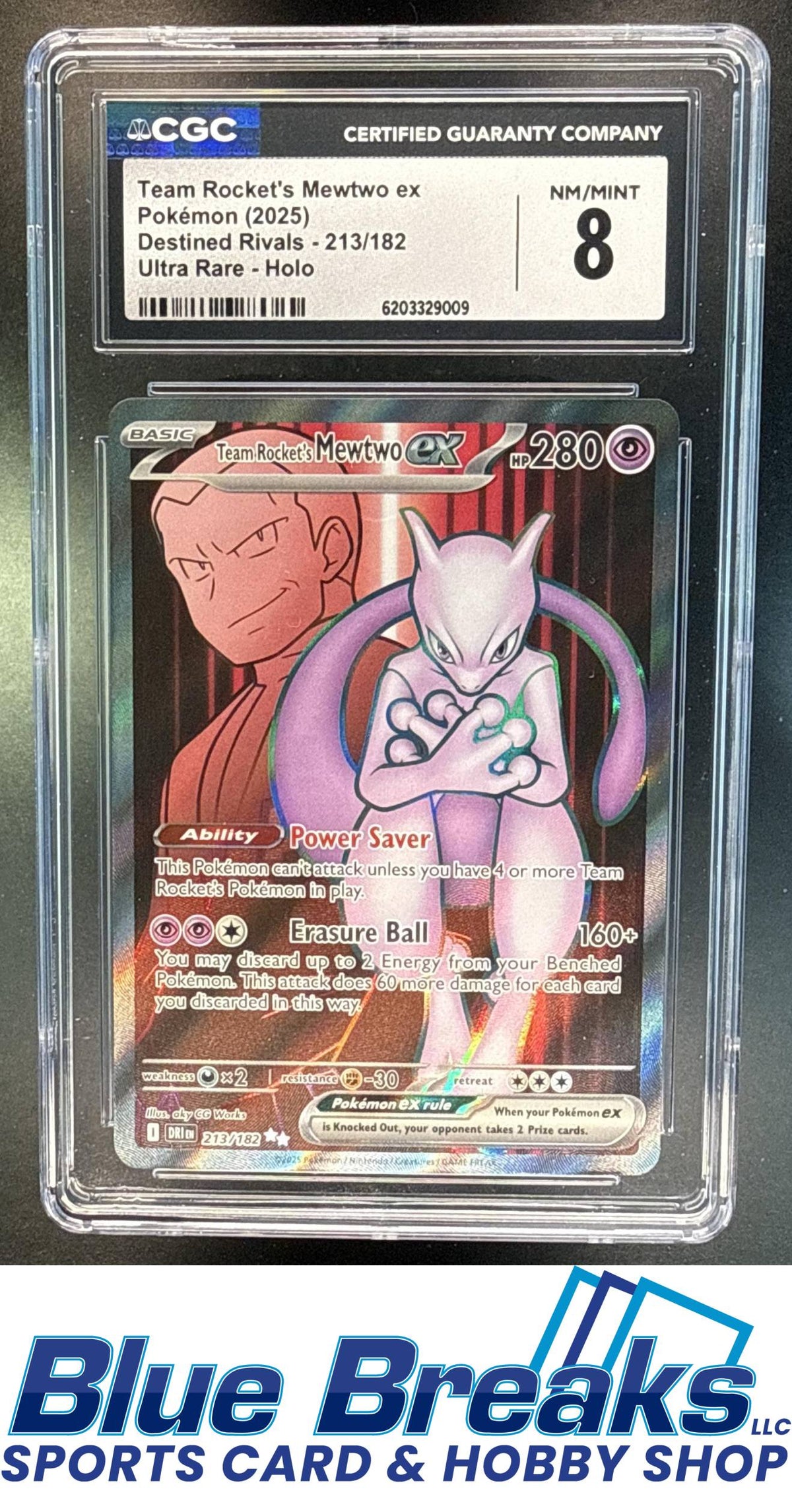 2025 Pokemon Destined Rivals Team Rocket's Mewtwo ex Ultra Rare Holo #213/182 CGC 8