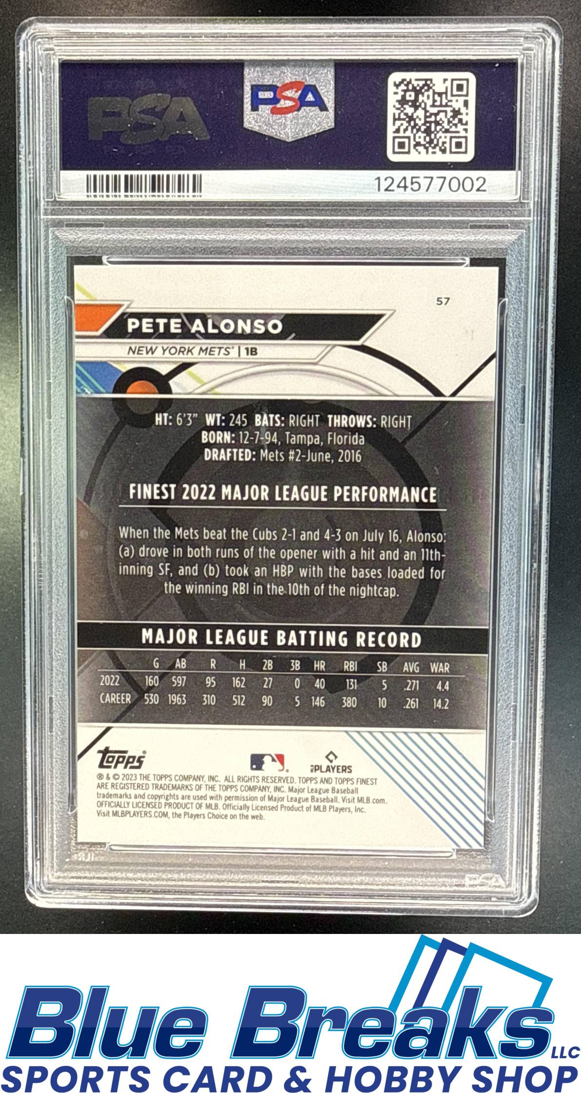 2023 Topps Finest Aqua Refractor Pete Alonso 24 024/199 #57 PSA 10 New York Mets