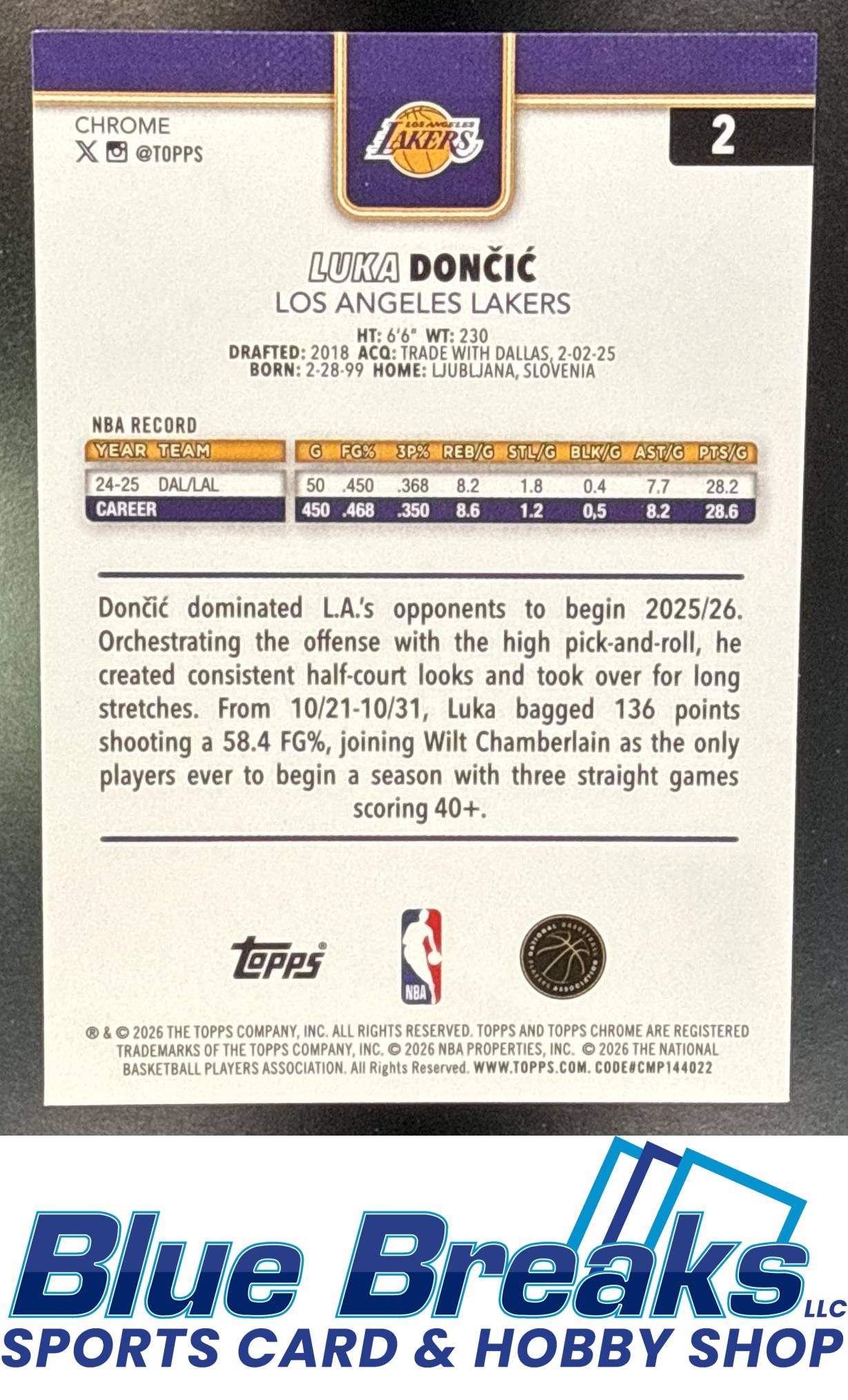 2025-26 Topps Chrome Update Refractor Luka Doncic [RC] #2 Los Angeles Lakers