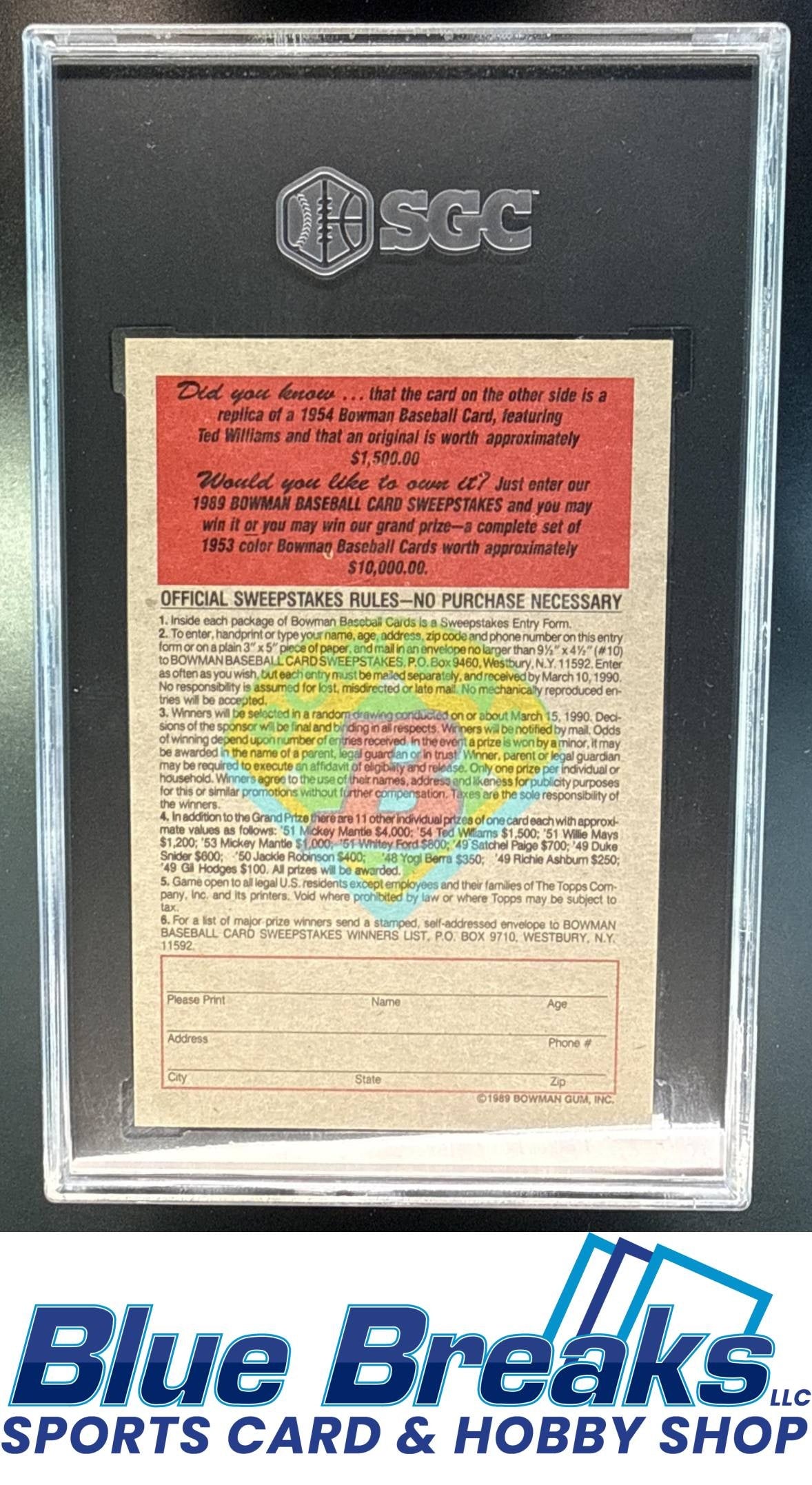 1989 Bowman Reprint Sweepstakes Ted Williams SGC 9 Boston Red Sox