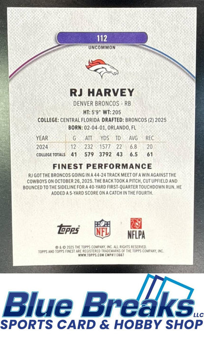 2025 Topps Finest RJ Harvey #112 Uncommon Blue Geometric Refractor 34/75 Denver Broncos