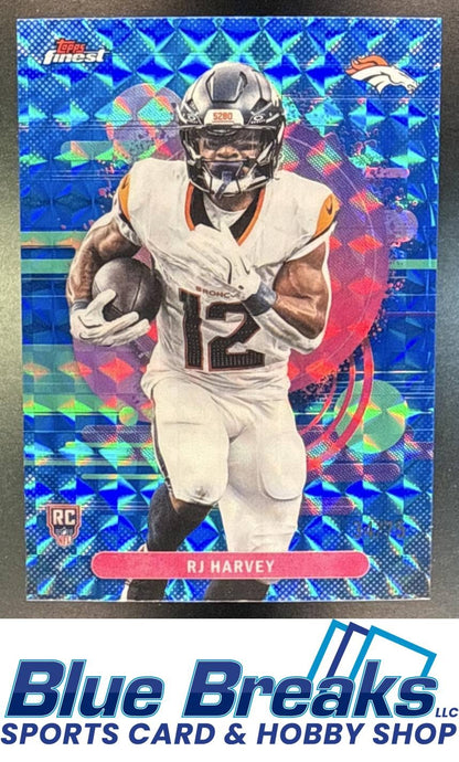 2025 Topps Finest RJ Harvey #112 Uncommon Blue Geometric Refractor 34/75 Denver Broncos