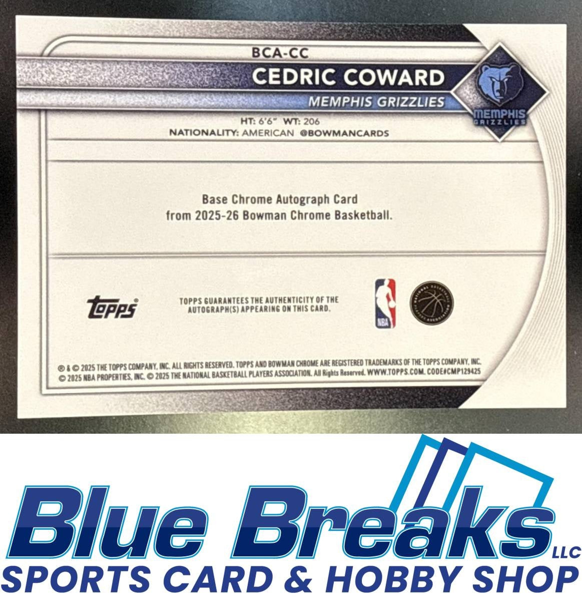 2025 Bowman Cedric Coward #BCA-CC Chrome Auto Blue Geometric Refractor 025/150 RC Memphis Grizzlies