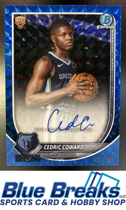 2025 Bowman Cedric Coward #BCA-CC Chrome Auto Blue Geometric Refractor 025/150 RC Memphis Grizzlies