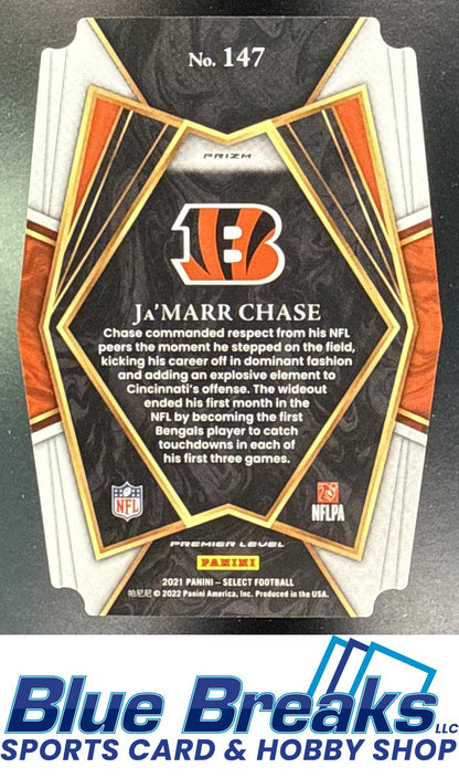 2021 Panini Select Ja'Marr Chase #147 Green and Yellow Prizm Die Cut RC Premier Level Cincinnati Bengals