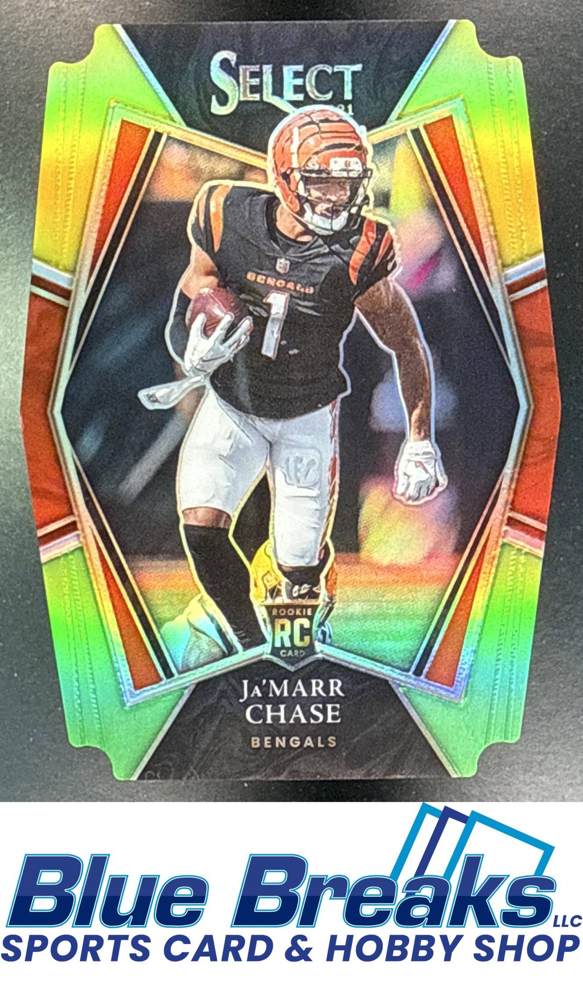2021 Panini Select Ja'Marr Chase #147 Green and Yellow Prizm Die Cut RC Premier Level Cincinnati Bengals