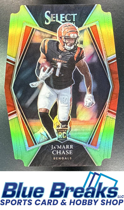 2021 Panini Select Ja'Marr Chase #147 Green and Yellow Prizm Die Cut RC Premier Level Cincinnati Bengals