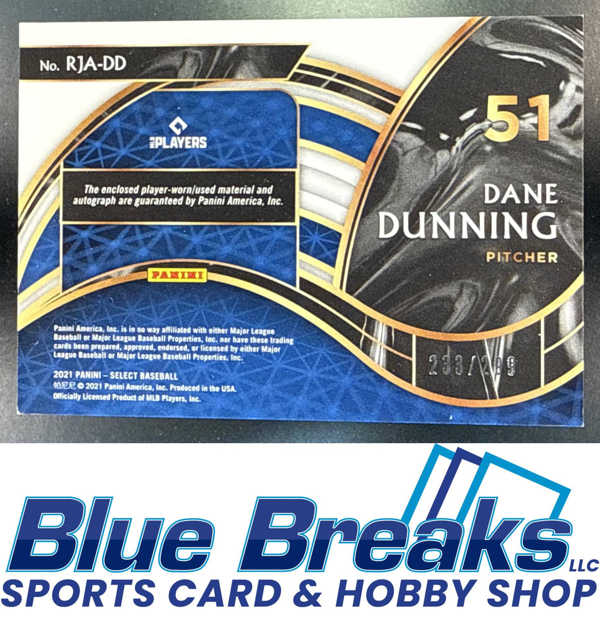 2021 Panini Select Dane Dunning #RJA-DD Rookie Jersey Auto 233/299 Relic RC Texas Rangers