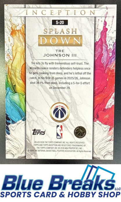 2025-26 Topps Inception Splashdown Tre Johnson III RC #S-20 Washington Wizards