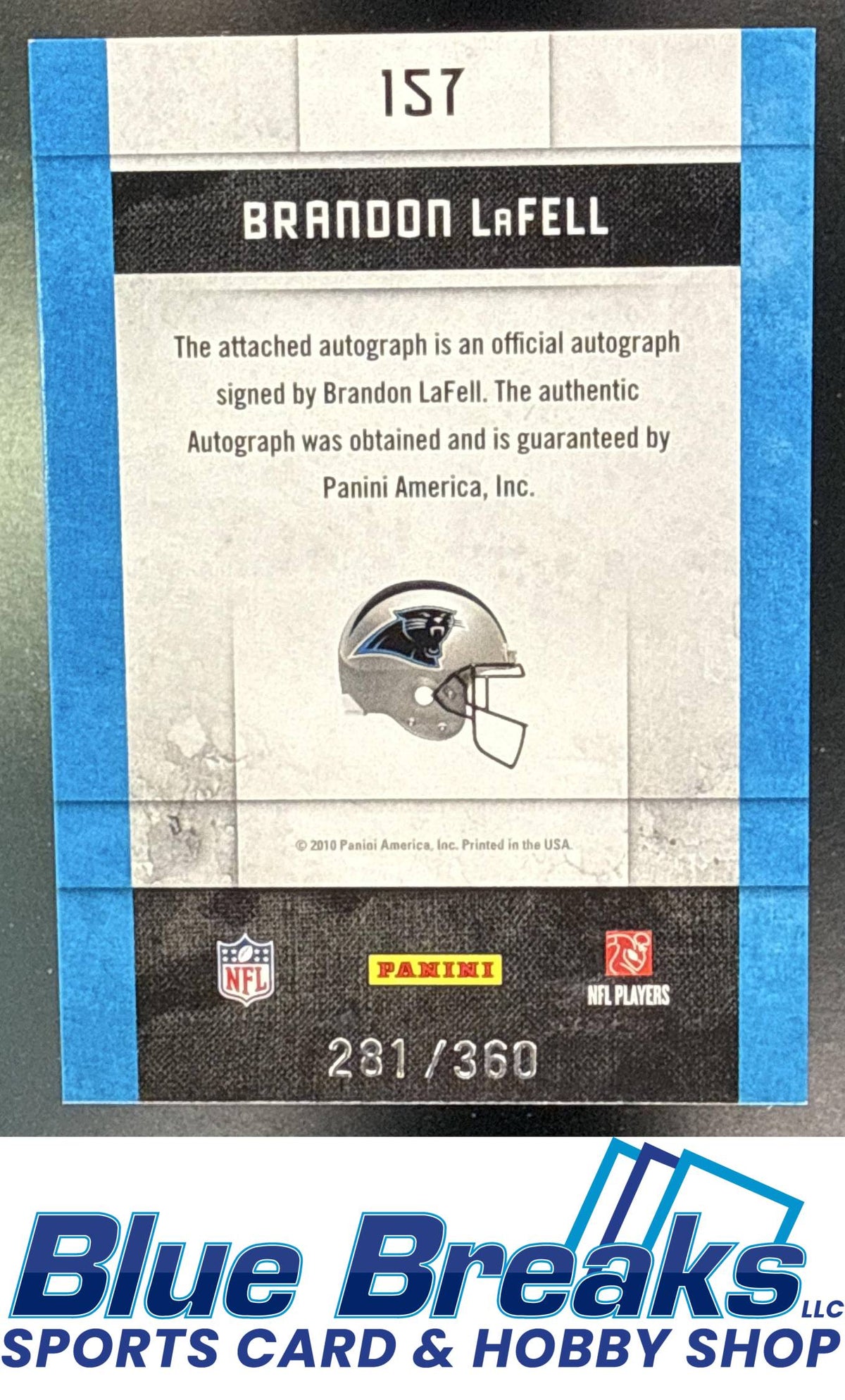 2010 Panini Threads Brandon LaFell 281/360 #157a RC Auto Carolina Panthers